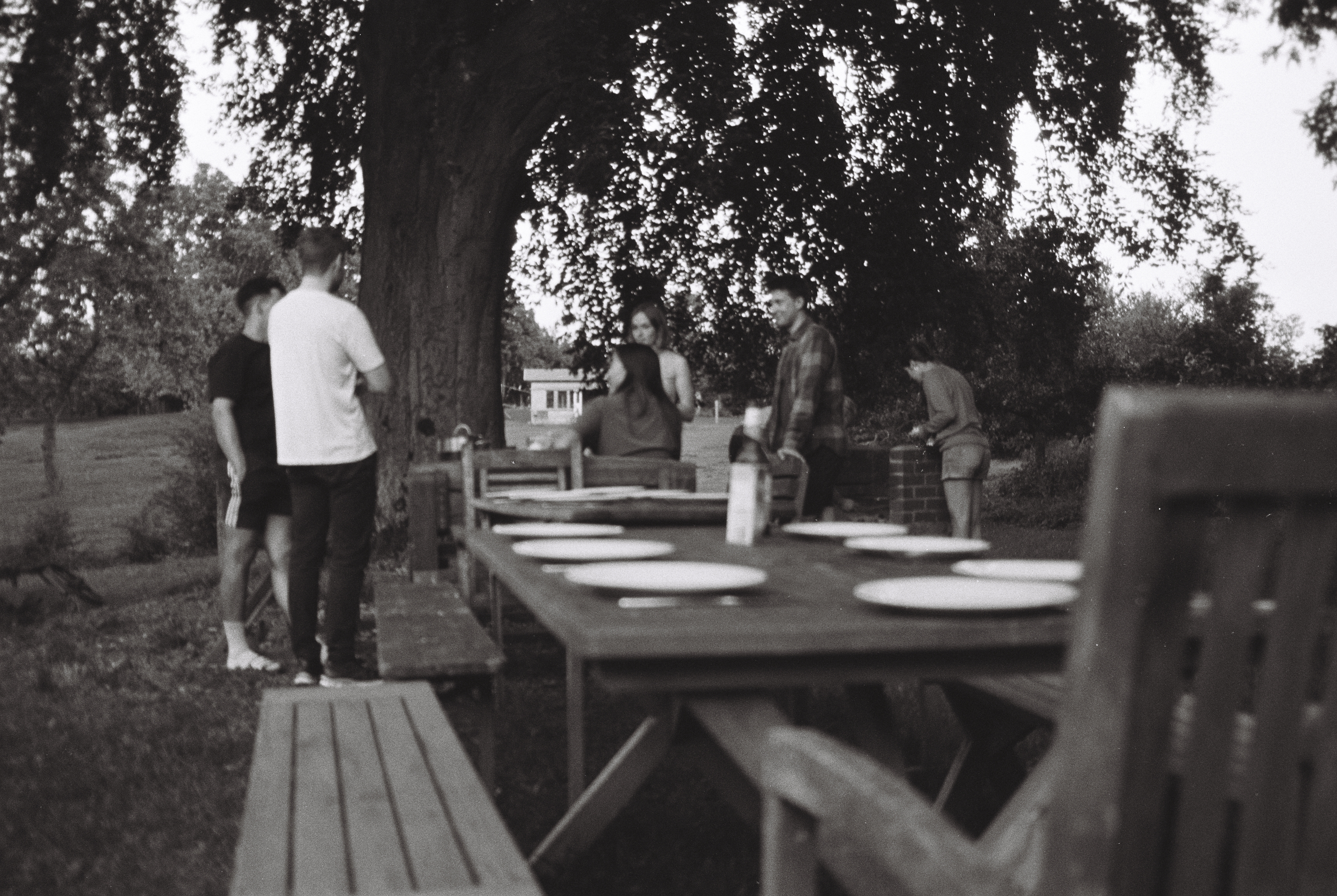 a set table and people in the background